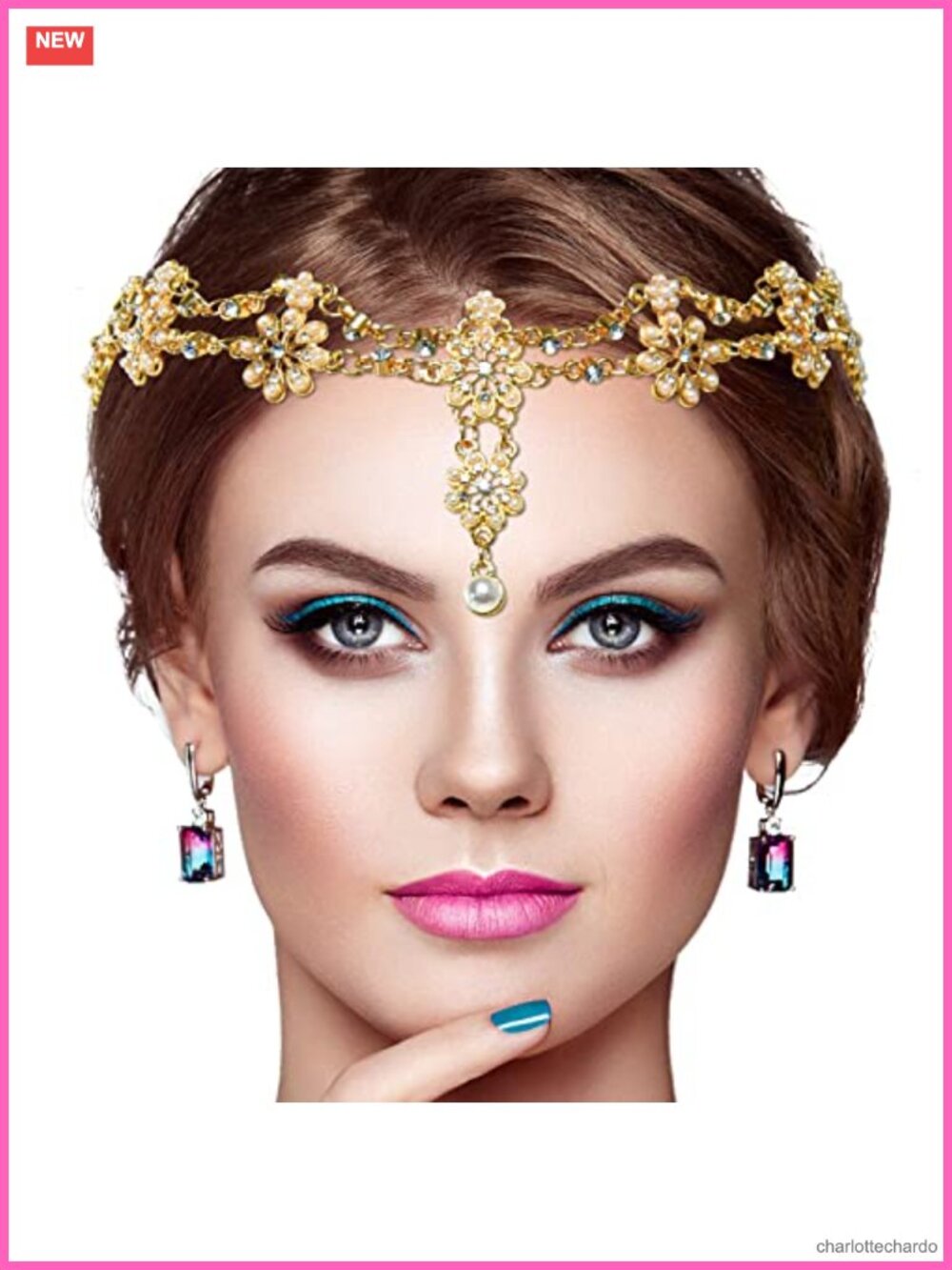 Bohemian Rhinestone Pearl Head Chain Headband with Drop Pendant